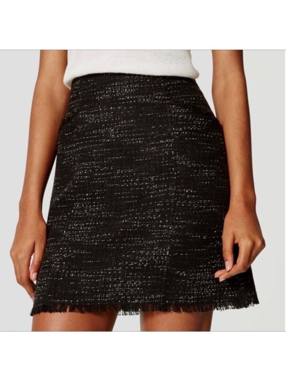 Loft NWT Women's Raw Edge Fringe Black Tweed Mini Skirt Size 6